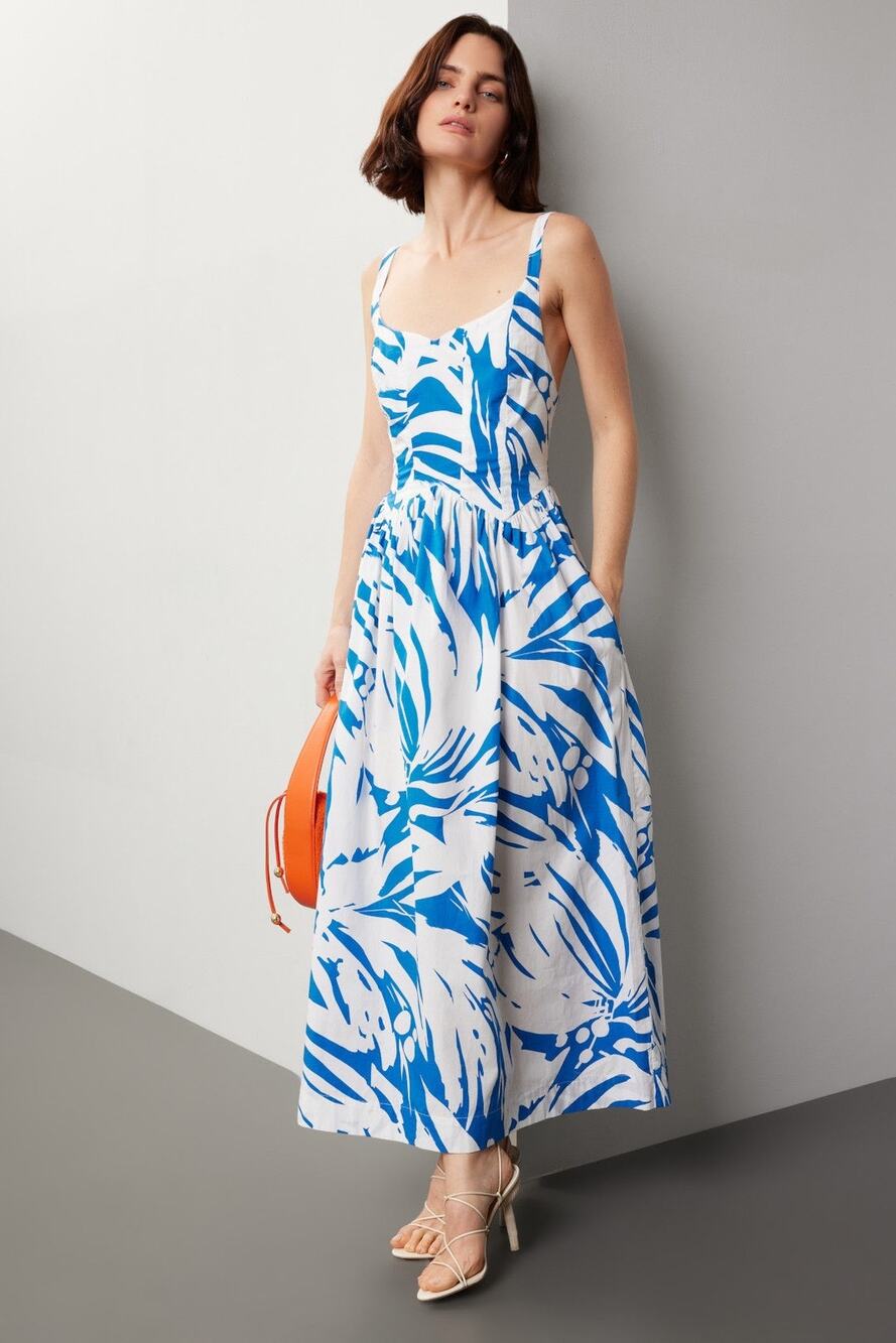 S/W/F Blue White Abstract 100% Cotton Botanical Print Wave Waist Midi Dress S